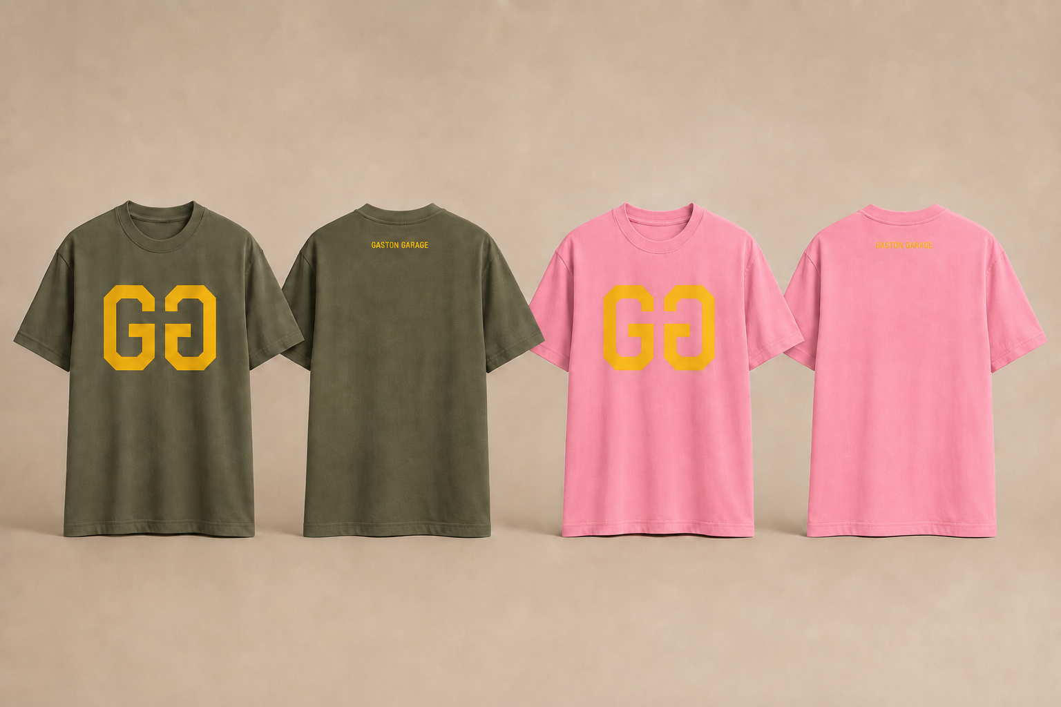 Tee-shirts GG Signature kaki et rose girly, devant et dos