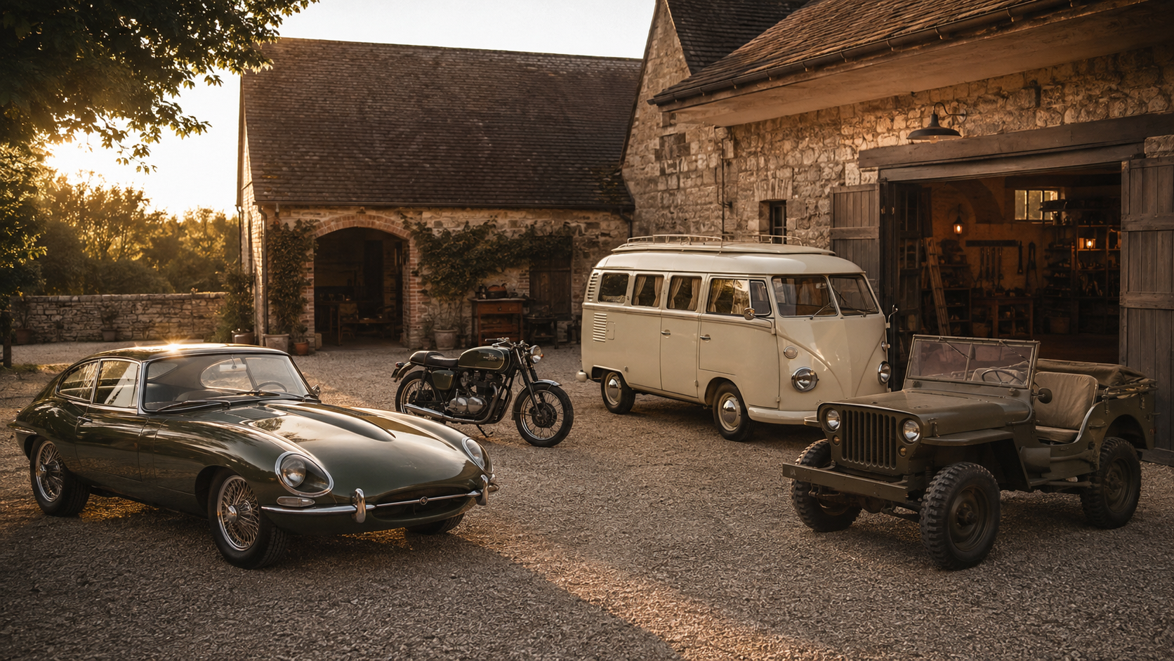 Automobile, moto, van et jeep anciens devant un garage vintage